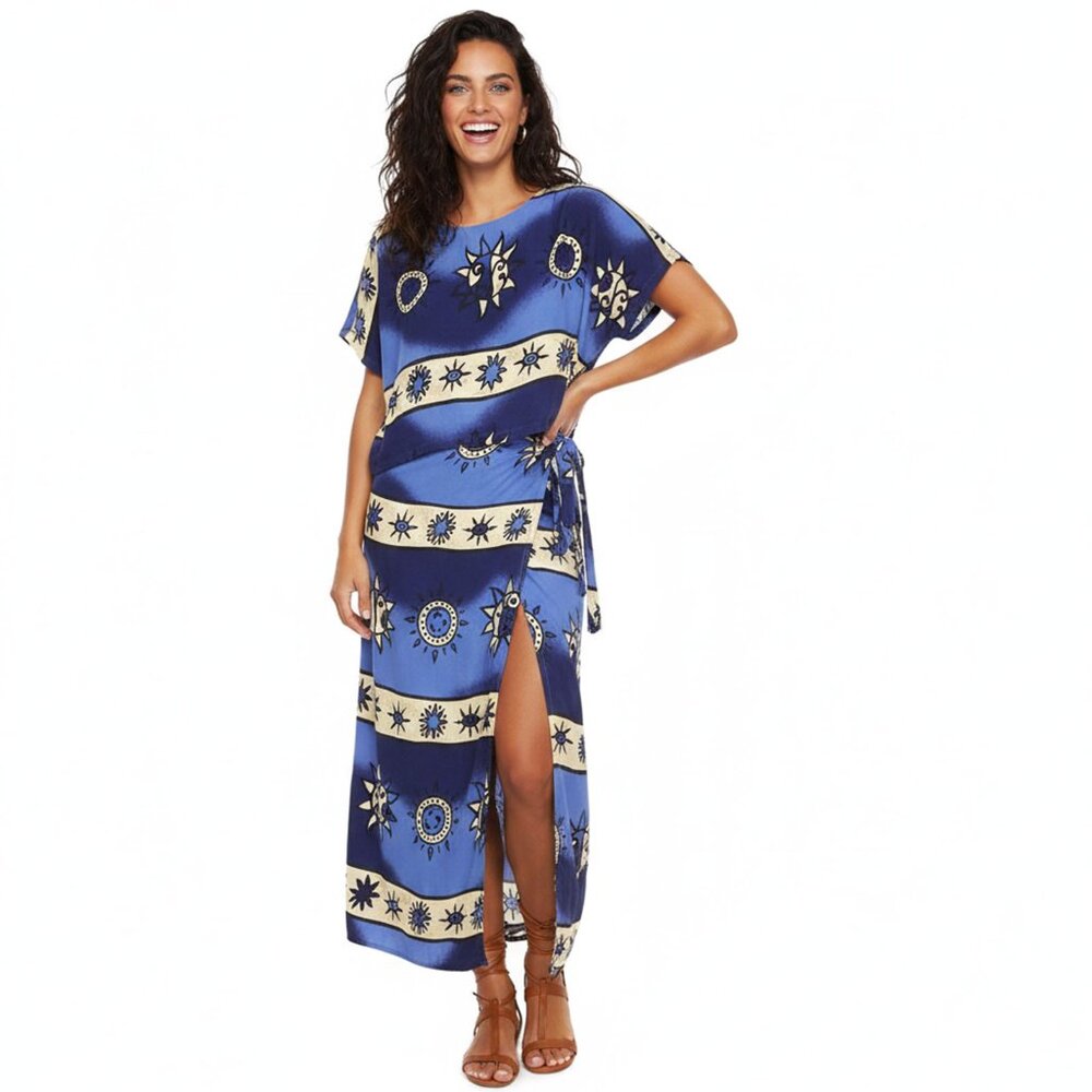 Vintage 90s Venus Sun & Moon Print Rayon Crop Top Wrap Maxi Skirt Co-ord Set